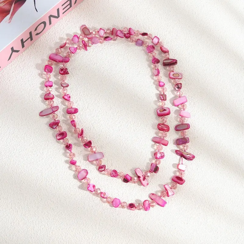 Pink Shell Beaded Necklace for Female, Boho Layered Stainless Steel Chain, Lightweight Coastal Statement Jewelry for Summer, Beach & Anniversary, Beads, Brunch, Gold-Tone, Birthday, Bohemian Pink Necklace, Casual, Elegant, Multiple, Layered Beads Chain