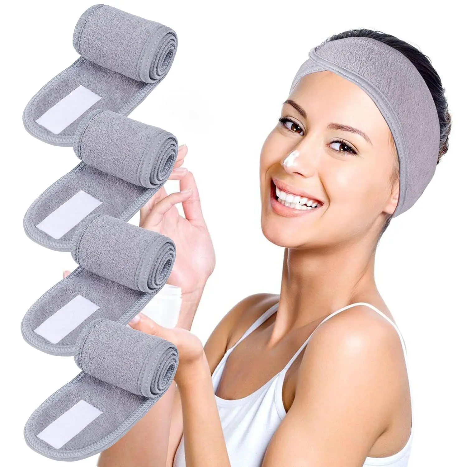 Facial  Headbands 4 count , Makeup Shower Bath Wrap  Headband Terry Cloth Stretch Towel with Magic Tape (Gray)