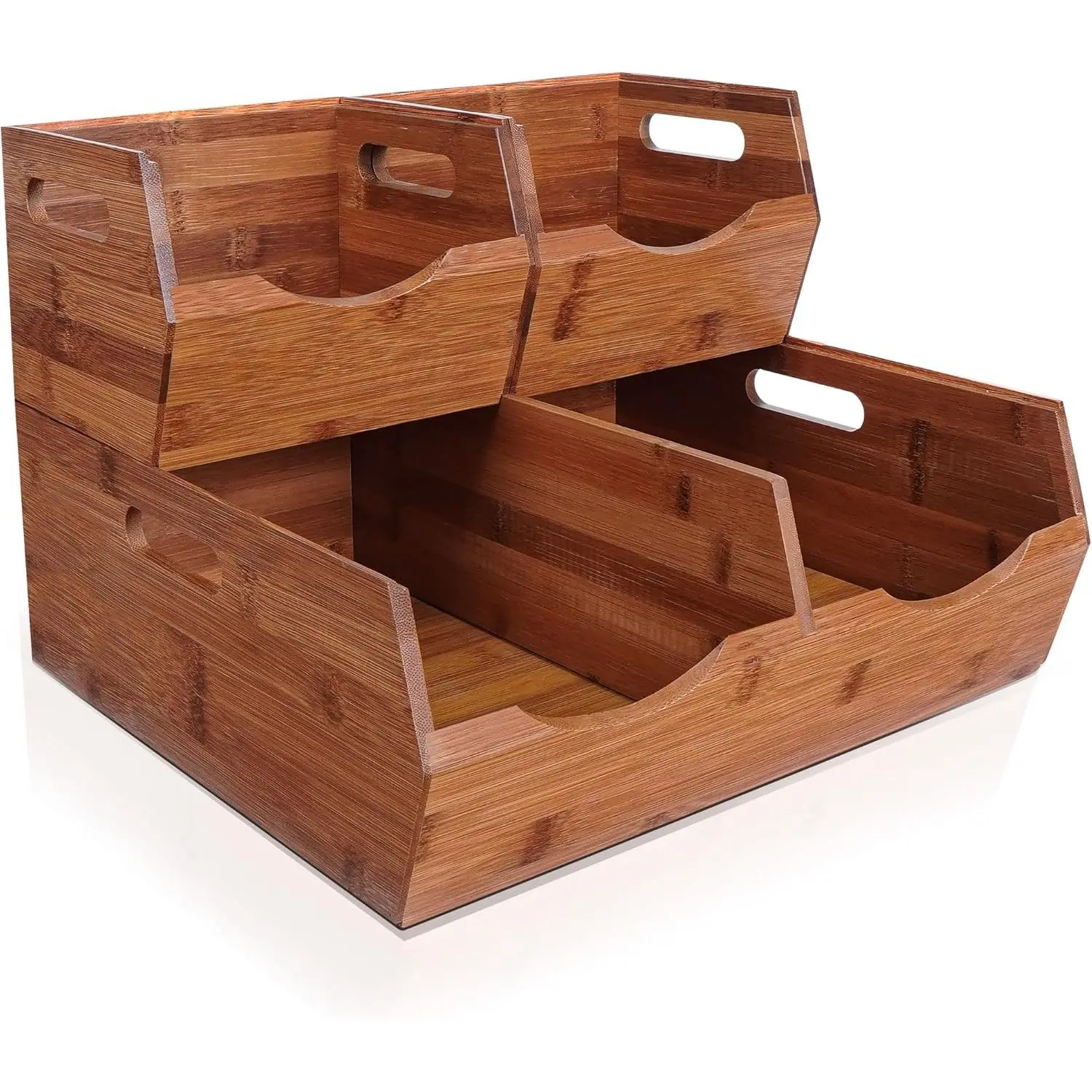 [Upgraded] 2-tier Stackable  Pantry Storage Bins,  and Onion Storage Baskets with Handles, Removable Divider, Pantry Organizer Holder for Kitchen, Office, Cabinet, Fruit Storage (Walnut)