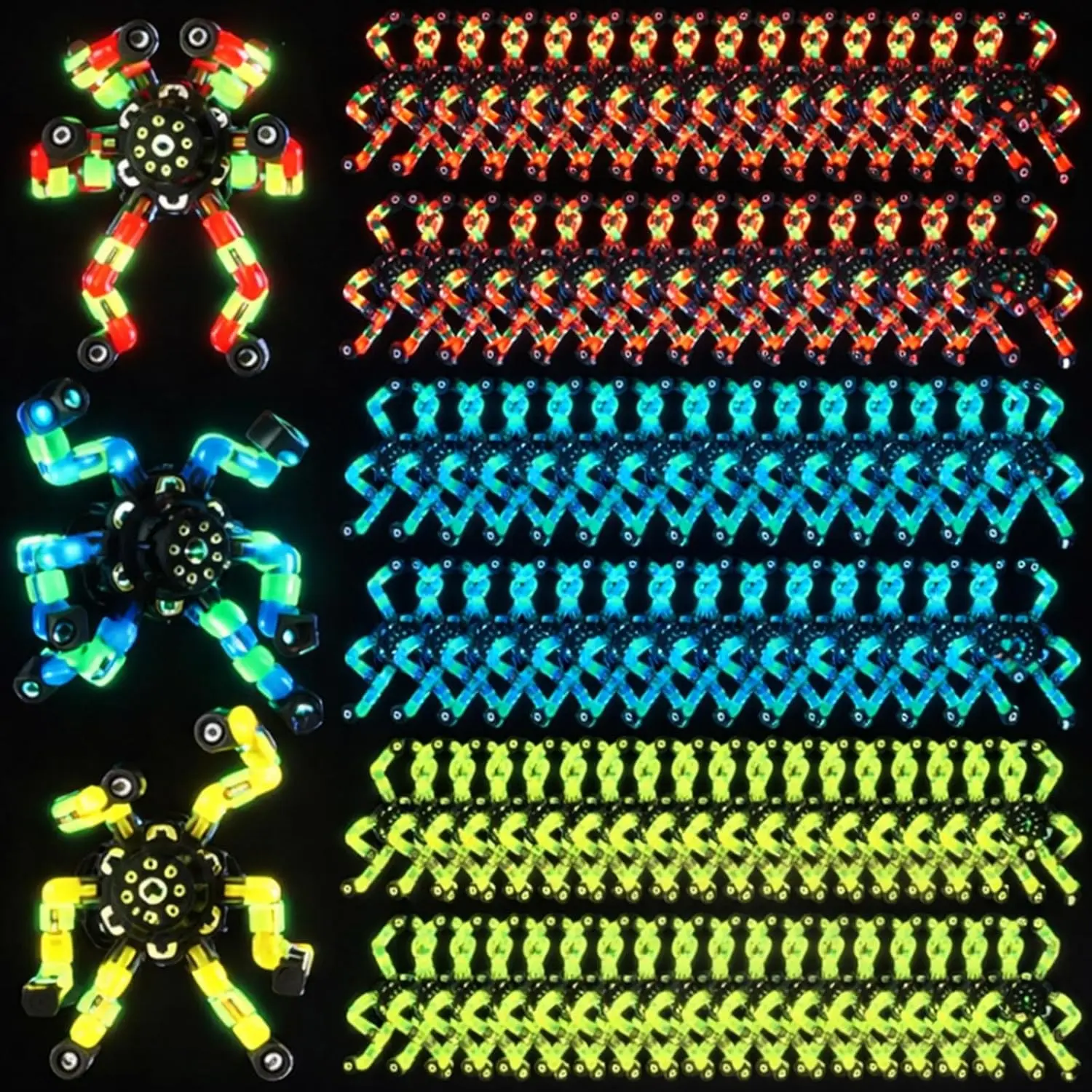 100 Pcs Funny Sensory Fidget Toys Bulk, Transformable Fidget Spinner Chain Robot Finger Toy, Stress Relief Spiral Gyro Spinner, Classroom Prizes, Party Favors Gifts for Adult Kids(Glow)fidget toys