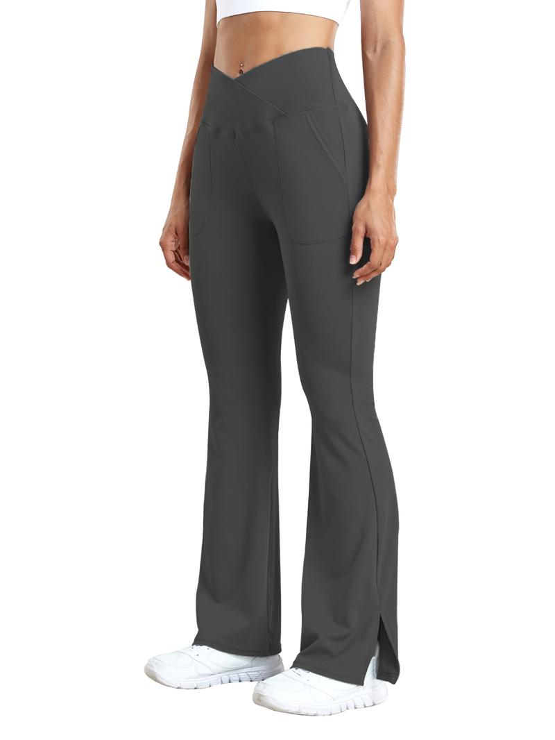 Women's Minimalist Basic Cross Wrap High Waist Pocket Flare Leg Leggings, Pants for Women, Going Out Bottoms, Casual Comfy V-cut Waist Skinny Bell Bottom Pants, Flared Leggings, Work Pants Women, Tummy Control Legging