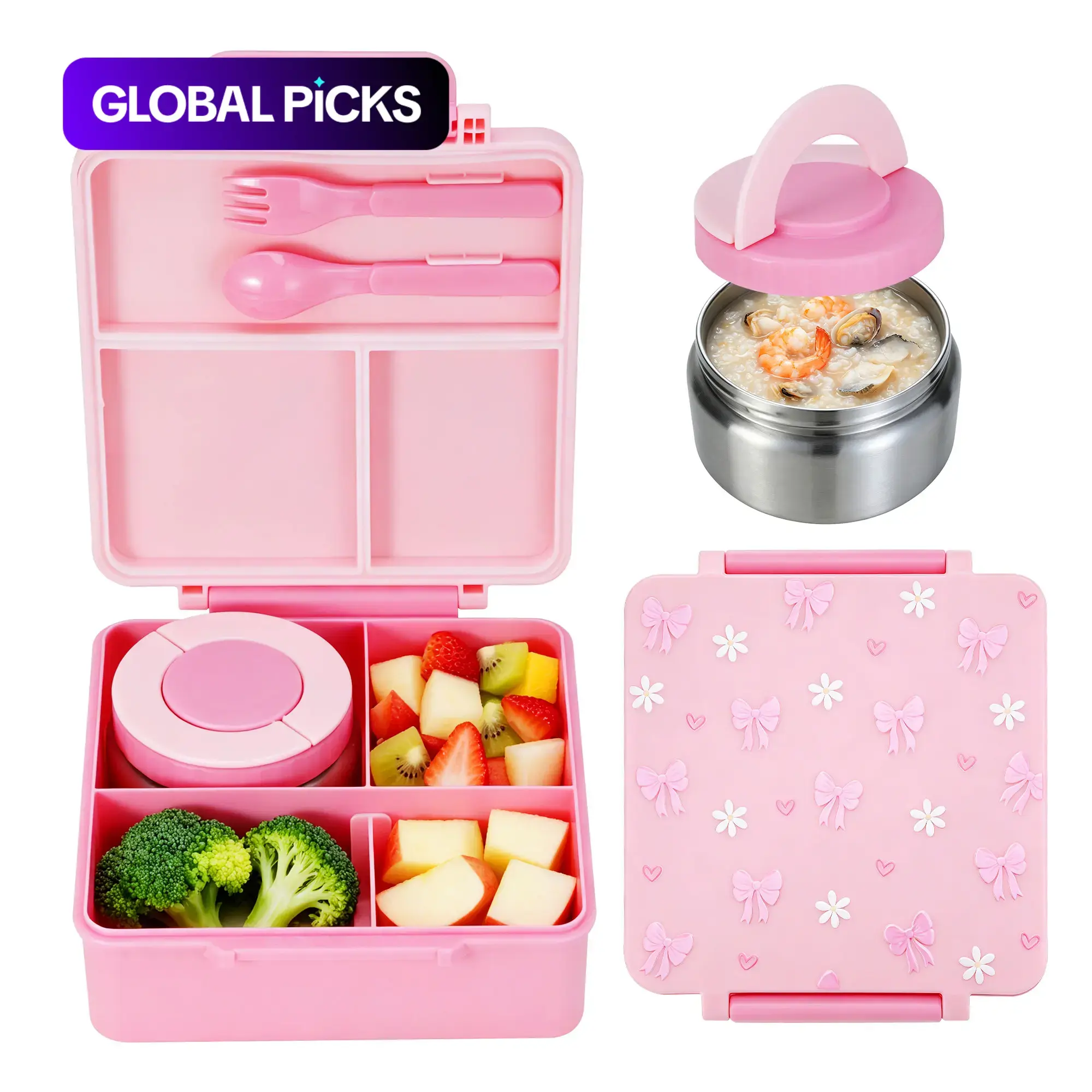 Cartoon Pattern Bento Box with Stainless Steel Soup Container, Microwave Safe, Portable Square Food Storage for Lunches and Travel, Personal Lunch Box