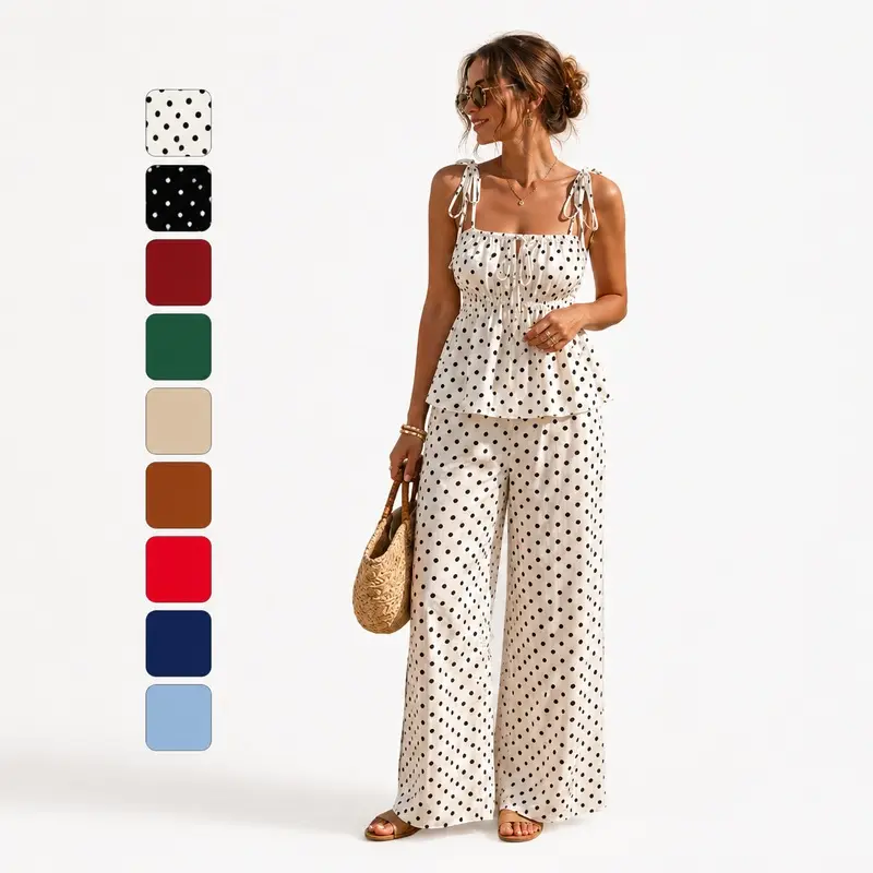 Women's Summer 2-Piece Sports Clothing Set, Polka Dot Bow Spaghetti Strap Cami Top & Long Pants for Vacation Beach Wear