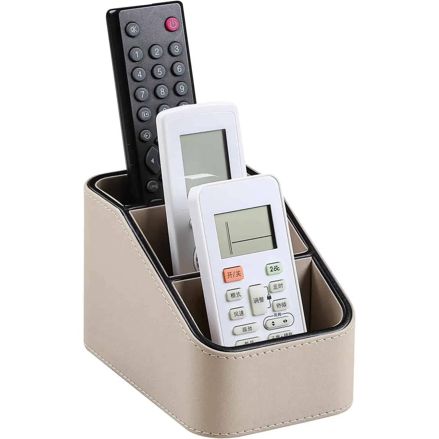 Remote Control Holder, TV Remote Holder Small Desk Organizer Beige | PU Leather 3 Compartments Remote , Remote Organizer Nightstand Organizer for Couch Bedside Living Room Office