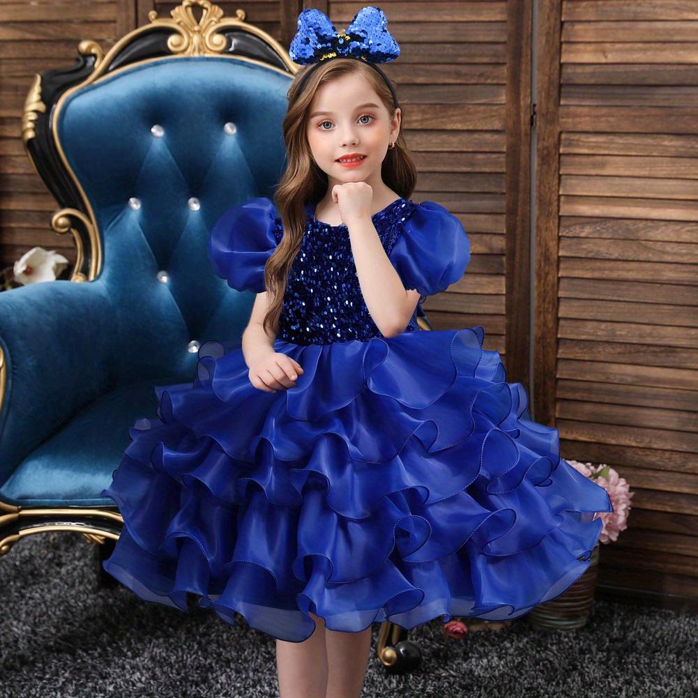 Girls Sparkling Sequin Princess Dress Puff Sleeves Halloween Christmas Dance Performances Formal Dresses for Youngsters Stage Performance Skirt with Positioning Holes