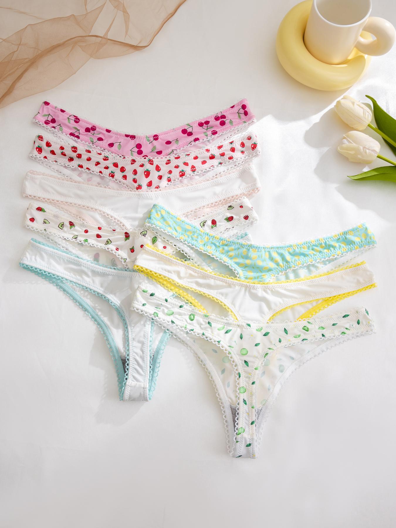 Women's Contrast Binding Fruit Printed Thong, Lady Pastel Soft Comfy Breathable Panty for Daily Wear, Underwear for Women, Underwear for All Seasons, Soft Breathable Panties