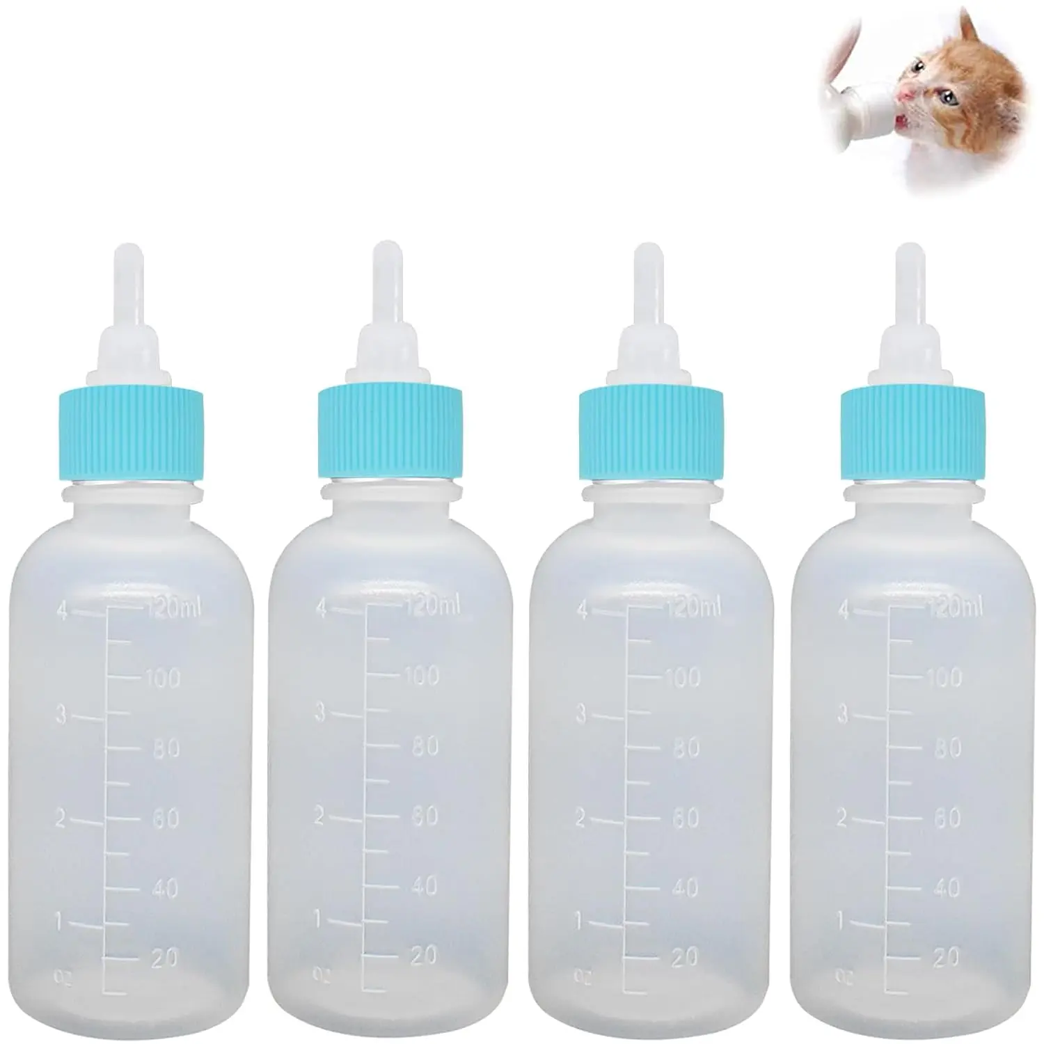4 Pack 120ml   Bottles,  Kitten Puppy Feeding Bottles with Soft  Nipple & Scale Markings, Small  Milk Feeder for Kittens Puppies Rabbits Squirrels(Blue)