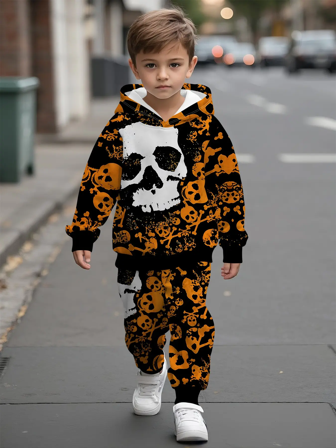 Cool‑toned skull‑style personalised digital‑print hooded sweatshirt set for baby boys. This relaxed and comfy outfit suits daily wear and outings, and serves as a trendy and versatile gift for little boys.