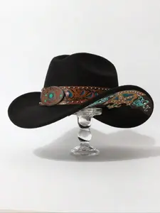 Vintage Carved Western Cowboy Hat, Turquoise Stud Wool Felt Fedora, Bohemian Sun Protection Cap, Cross-Border Fashion Accessory, Classic Cowboy Hat