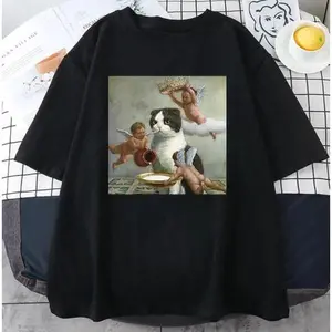 Cat comic style crewneck T-shirt, European size, short-sleeved men's and women's T-shirts