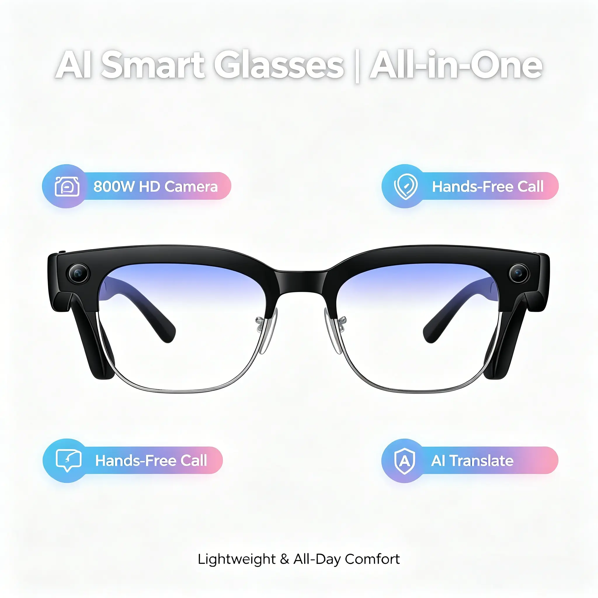 Smart Bluetooth-compatible Glasses, Multifunctional Smart Glasses, Dual Mic Noise Cancellation, 12-Hour Playtime, Ai Object Recognition, Multi-Language APP Support, Translation Smart Glasses