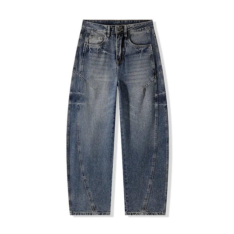 Men's Multi-angle Diagonal-spliced Balloon Jeans, Menswear, Vintage Gradient Faded Wash, Metal Button Waist Closure, Thick Washed Denim Fabric, Loose Baggy Silhouette, Stylish Foldable All-seasons Retro Street Casual Long Trousers, Trendy Vibe