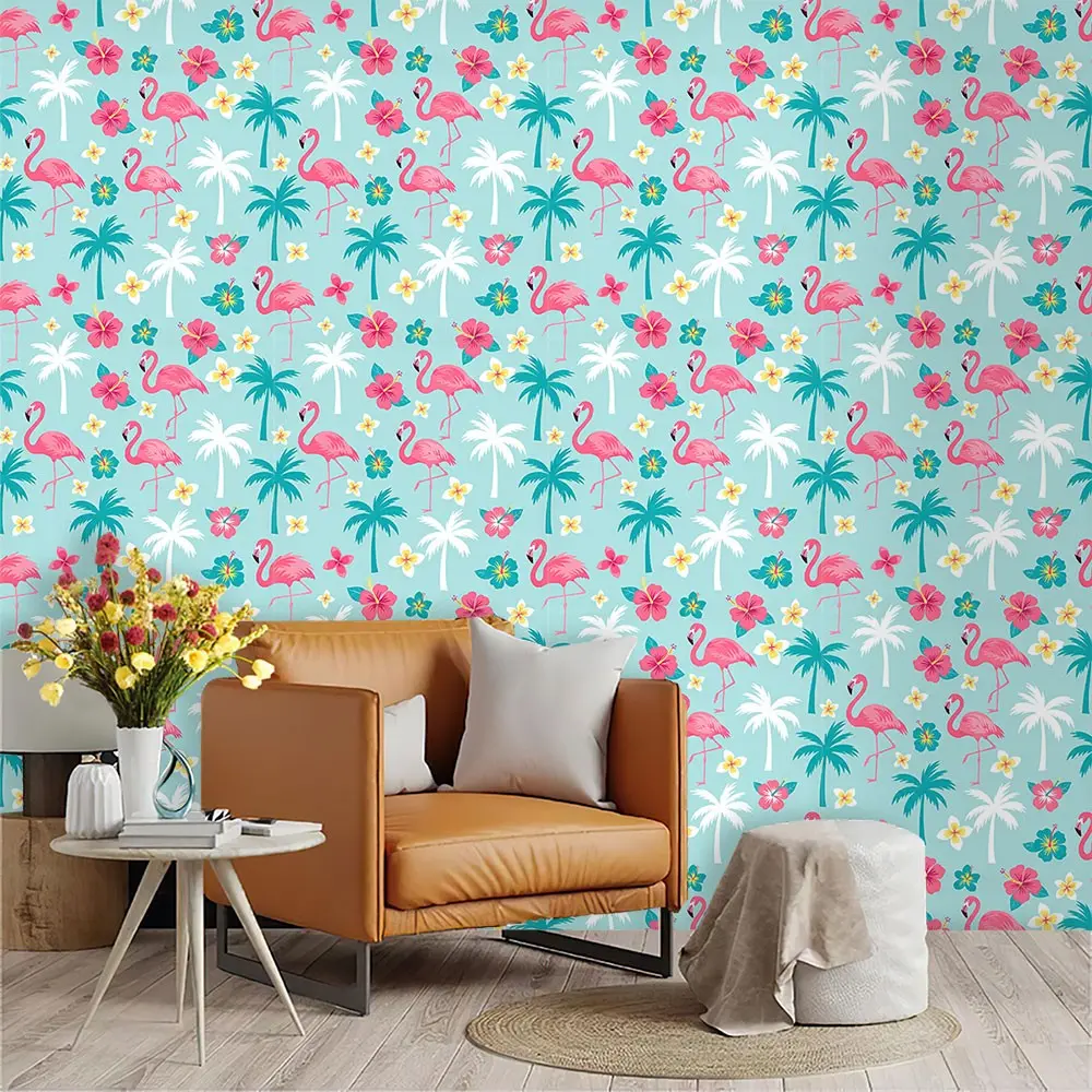 Classic Tropical Island Pattern Wallpaper, Mint Blue Base, PVC Material, Peel and Stick, Ideal for Kitchen/living Room/bedroom Decor