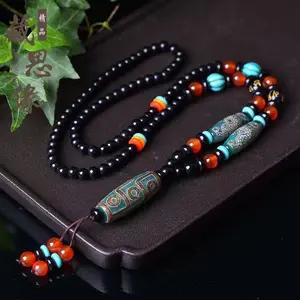 Tibetan Dzi Bead Long Necklace, Black Agate Multi Color Carnelian Beaded Mala Prayer Necklace, Spiritual Lucky Amulet Jewelry for Men Women