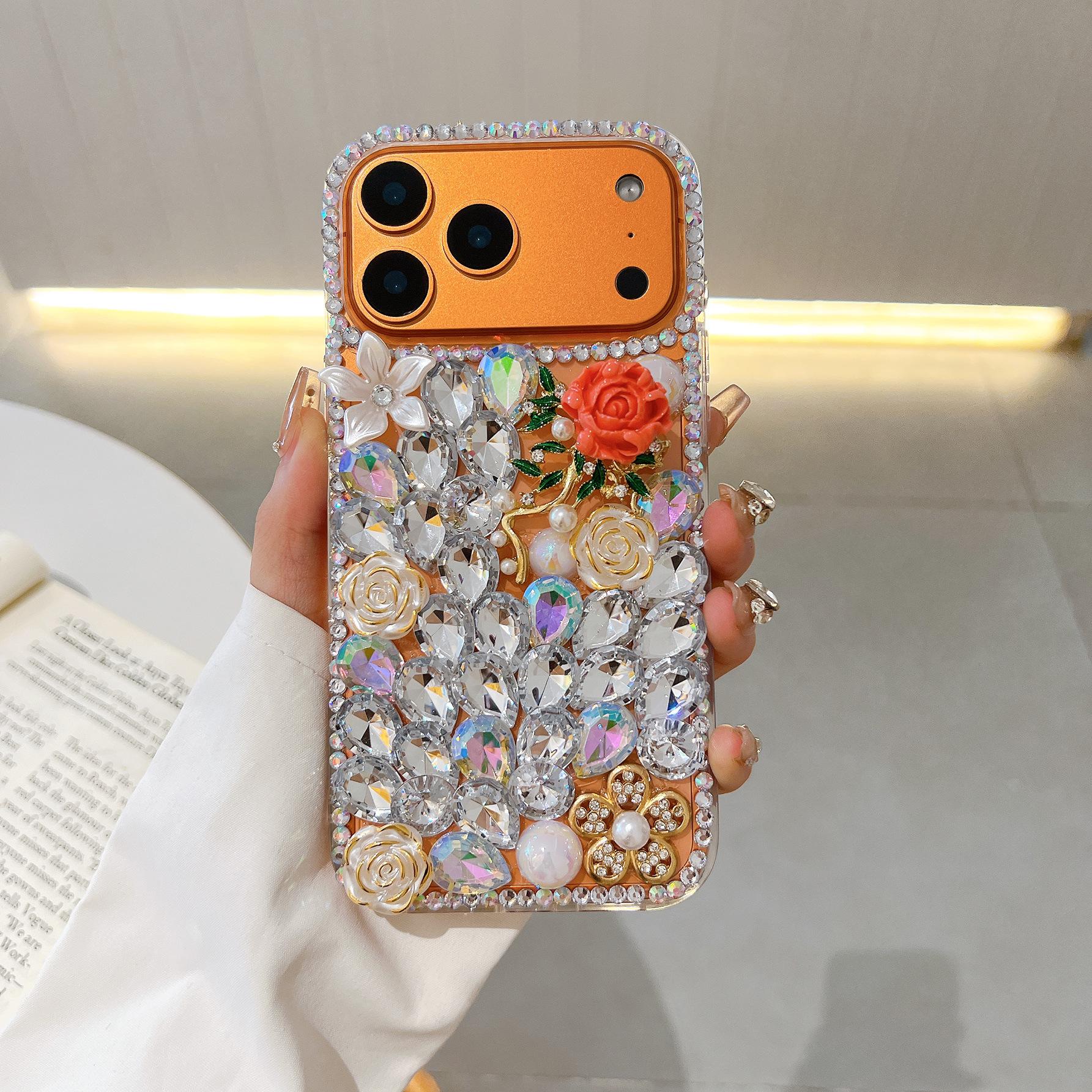 Suitable for Apple 14 Pro phone case, red rose rhinestone iPhone 17 Pro luxury full-cover 15 three-dimensional protective case