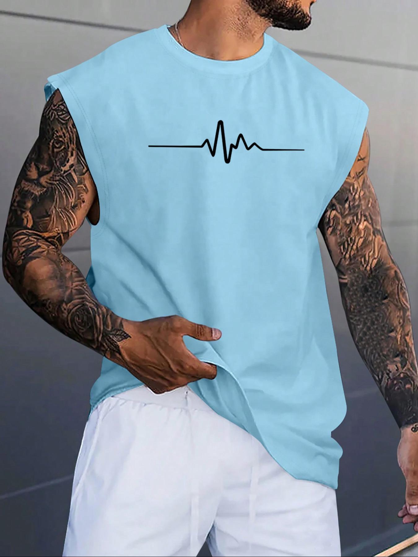 Men's Heartbeat Print Round Neck Tank Top, Athletic Tank Tops, Regular Fit Casual EKG Graphic Sleeveless Top for Summer, Men's Top for Daily Wear, Socks