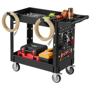 VEVOR Utility Cart, 550 lbs Capacity, 2 Tier Service Cart with 360° Swivel & Fixed Wheels (2 with Brakes), Heavy Duty Plastic Rolling with Tray and Pegboard, Tool Storage for Garage Warehouse Worksho