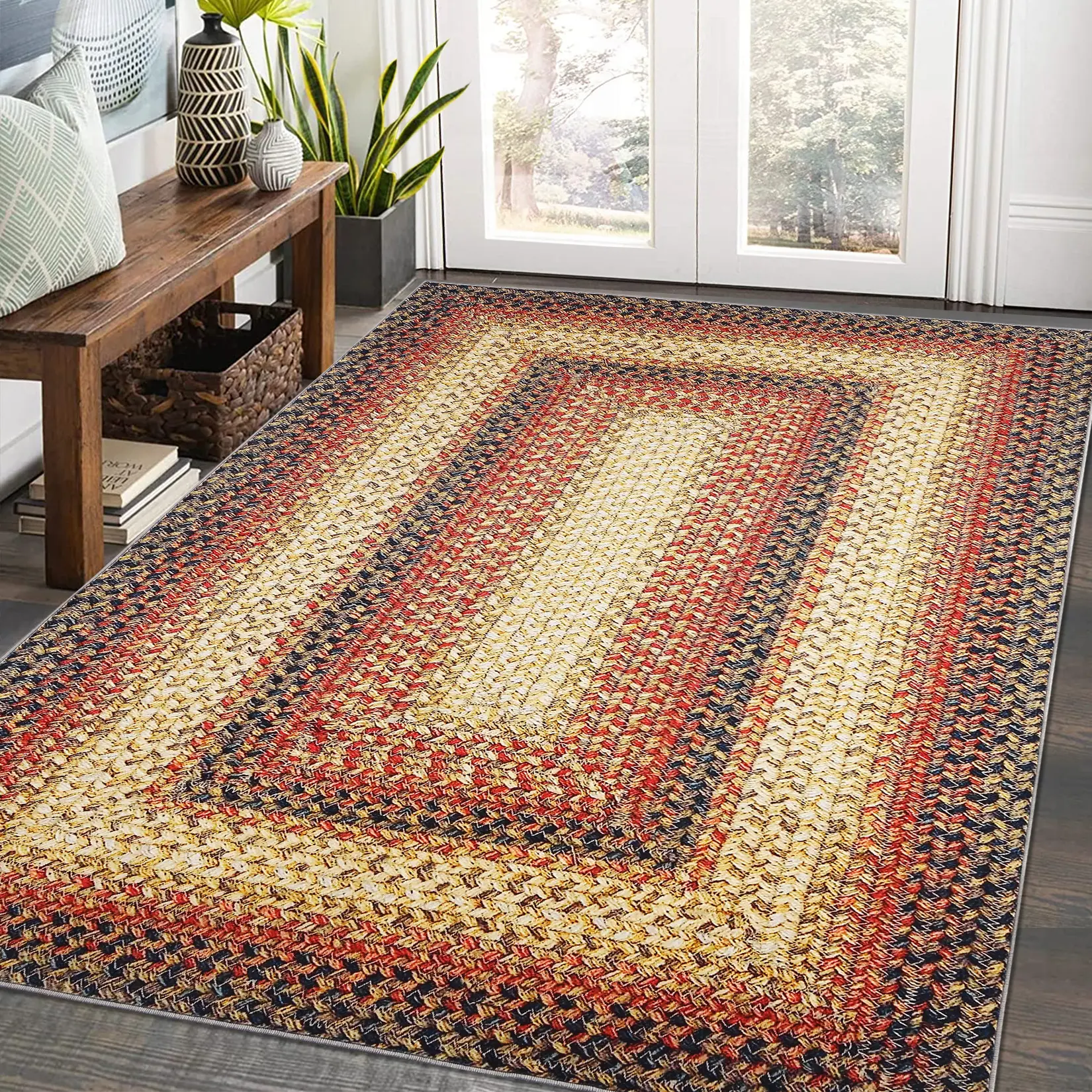 Modern Boho Geometric Runner Rug – Washable Braided Print, Low-Pile Non-Slip Distressed Carpet – Accent Decor for Living Room, Bedroom, Nursery, Kitchen