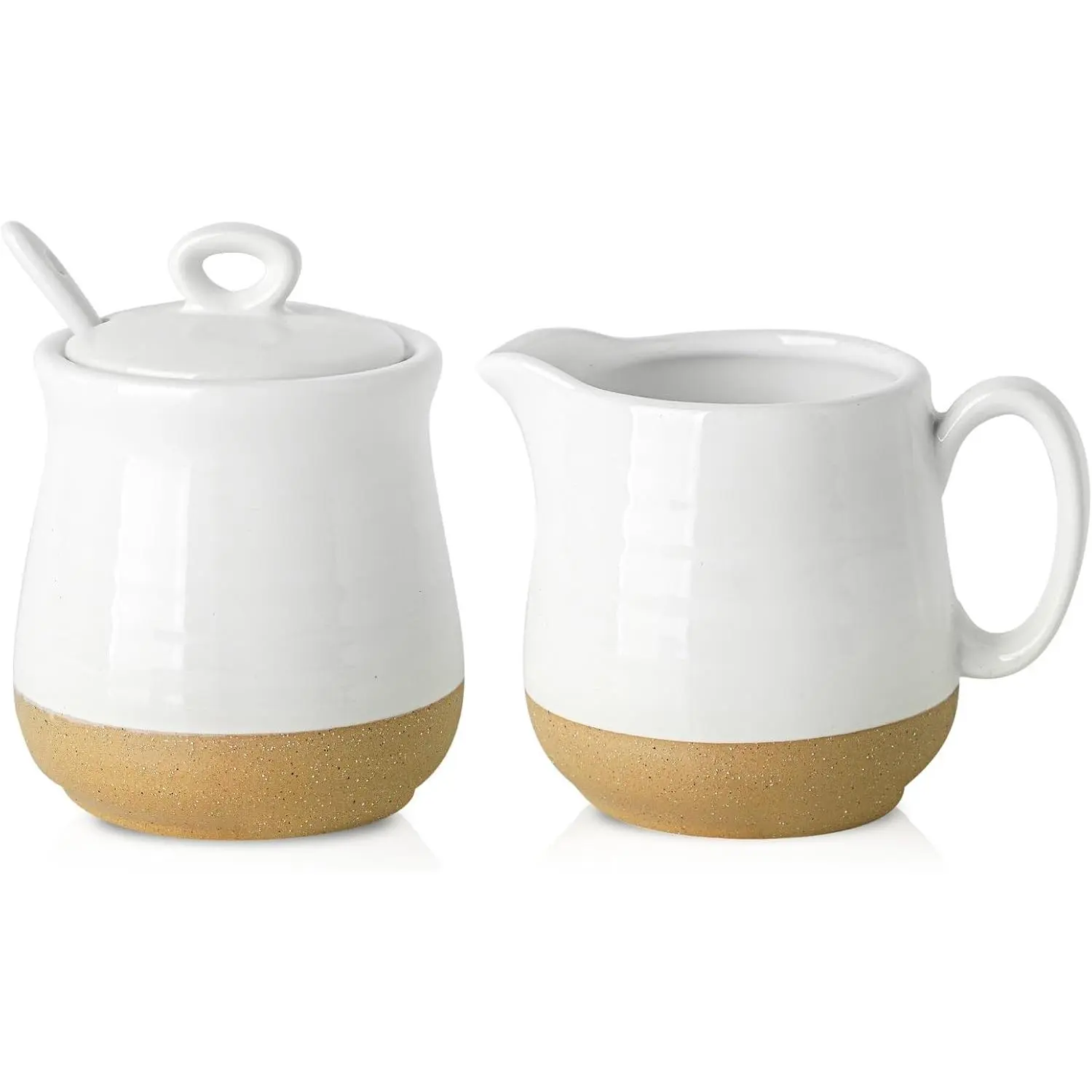 Hasense Ceramic Sugar and Creamer Set, 3 Piece Coffee Serving Set with Cream Pitcher, Sugar Bowl, Lid & Spoon, 10 Oz Farmhouse Style for Coffee Bar, Wedding Gift, White