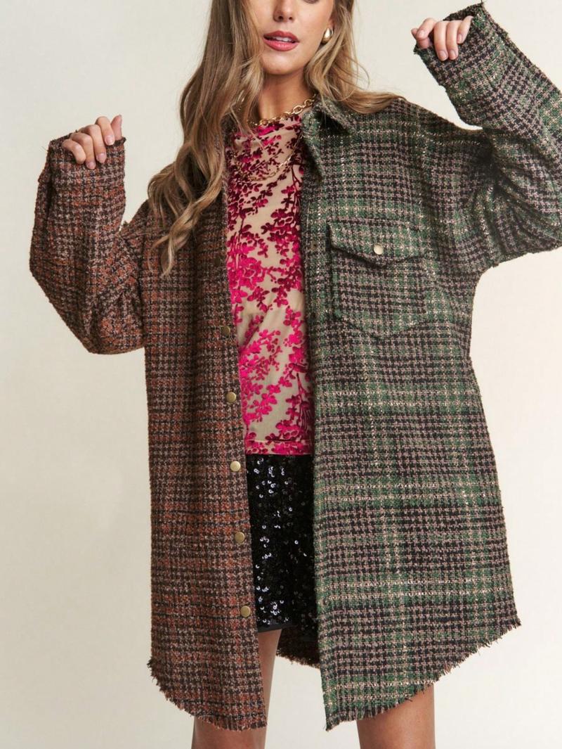 Women's Casual Jacket Vintage Snap Down Tweed Plaid Contrast Longline Shacket Misty Forest Long Sleeve Button-Down Oversized Fit Frayed Hem Comfy And Stylish Perfect For Spring/Fall/Winter Layering Everyday Wear.