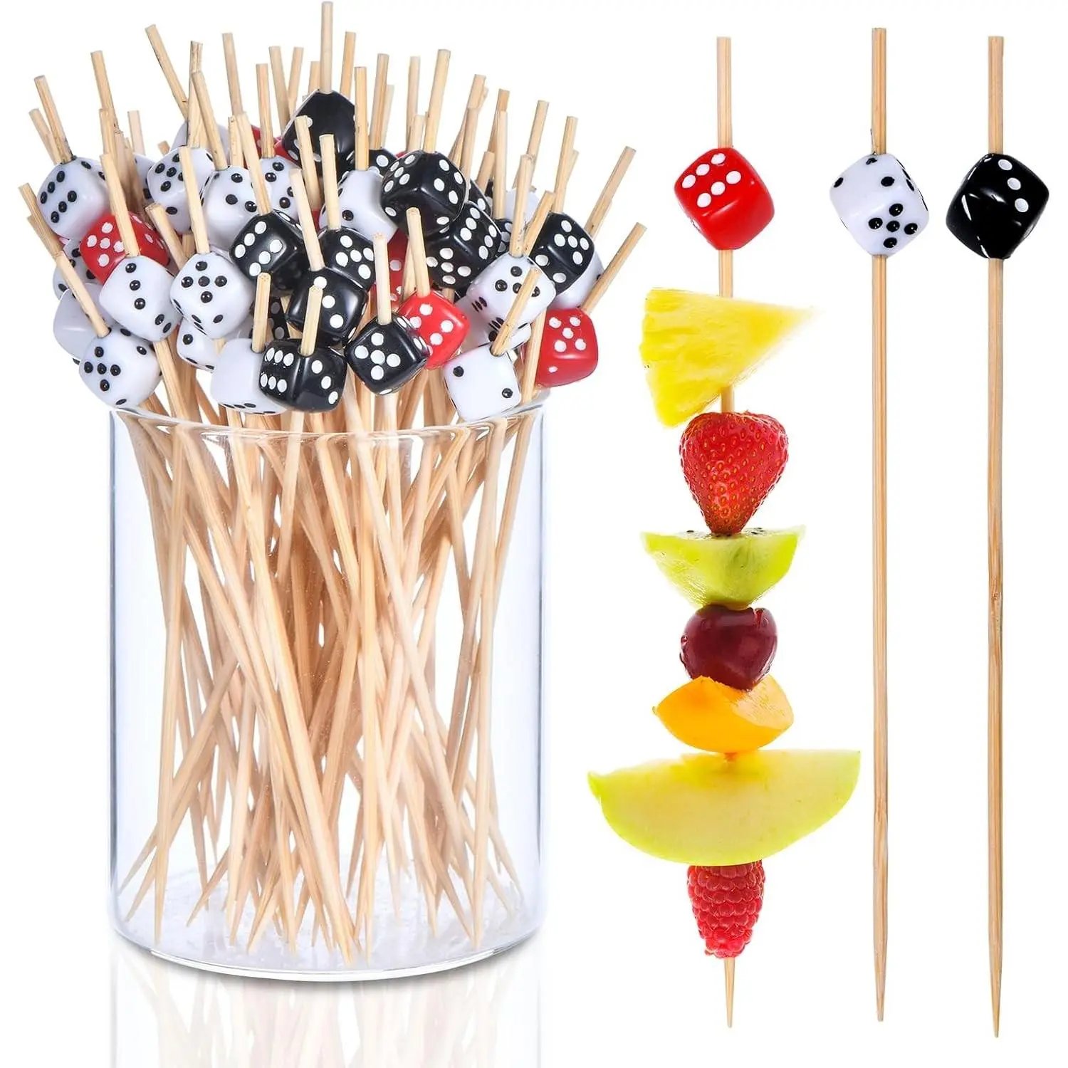 100 Pack 4.7 Inch Bamboo Casino Dice Cocktail Toothpicks for Las Vegas Night Bunco Party Decorations Supplies