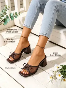 Women's High Heel Sandals with Breathable Mesh Upper, Butterfly Knot Decor, Fashion Shoes, Comfortable, Stylish and Chic Summer Footwear, Chunky Heeled Sandals