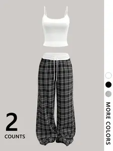 Women's Two-Piece Set, Striped Plaid Tank Top & Long Pants, Fitted Streetwear Casual Fashion Trendy Sportswear, Athleisure Wear Set, Athleisure Summer Clothes, Athleisure Activewear Set