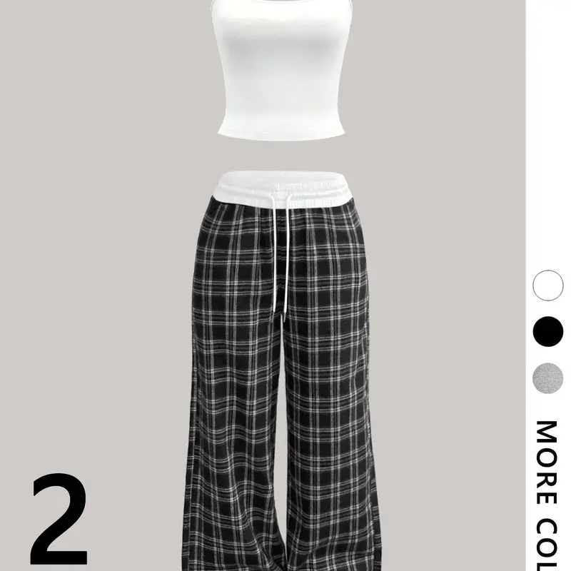 Women's Two-Piece Set, Striped Plaid Tank Top & Long Pants, Fitted Streetwear Casual Fashion Trendy Sportswear, Athleisure Wear Set, Athleisure Summer Clothes, Athleisure Activewear Set, Athleisure Outfit