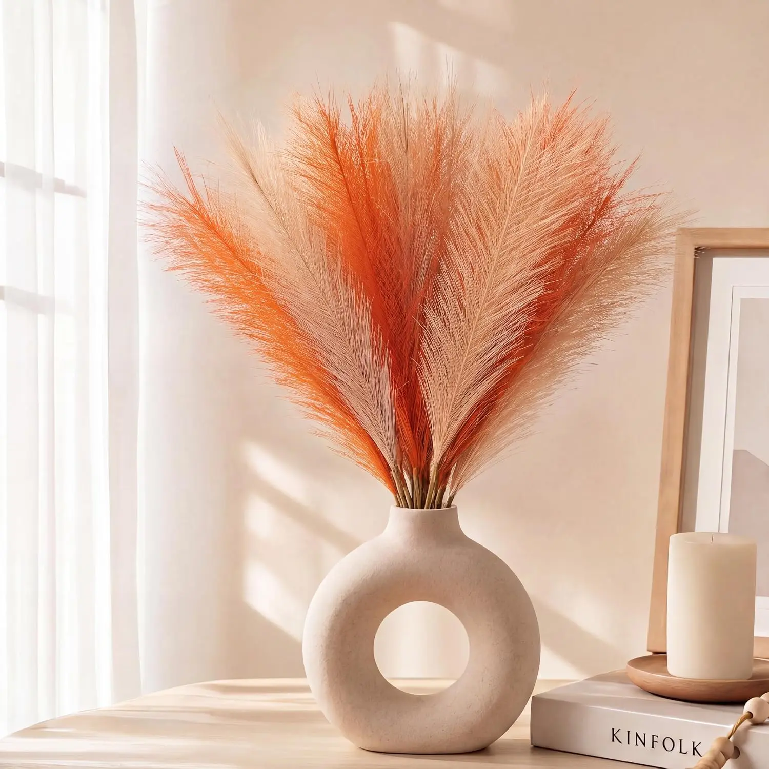 30 count  Pampas Grass Decor, 22''  Faux Pampas Grass Branches for Vase Fillers, Short Artificial Pompous Feathers  for  Living Room Bathroom Wall Wedding Decor
