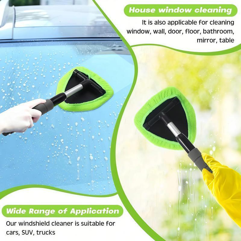 Windshield Cleaning Tool, Microfiber Car Window Cleaner with 3 Reusable and Washable Microfiber Pads & Spray Bottle and Extendable Handle