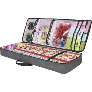 Christmas Wrapping Paper Storage Bag with Pockets Gift Wrap Organizer Container 37” x 14” x 4” Underbed Durable Box Made of 600D Oxford Material Gray