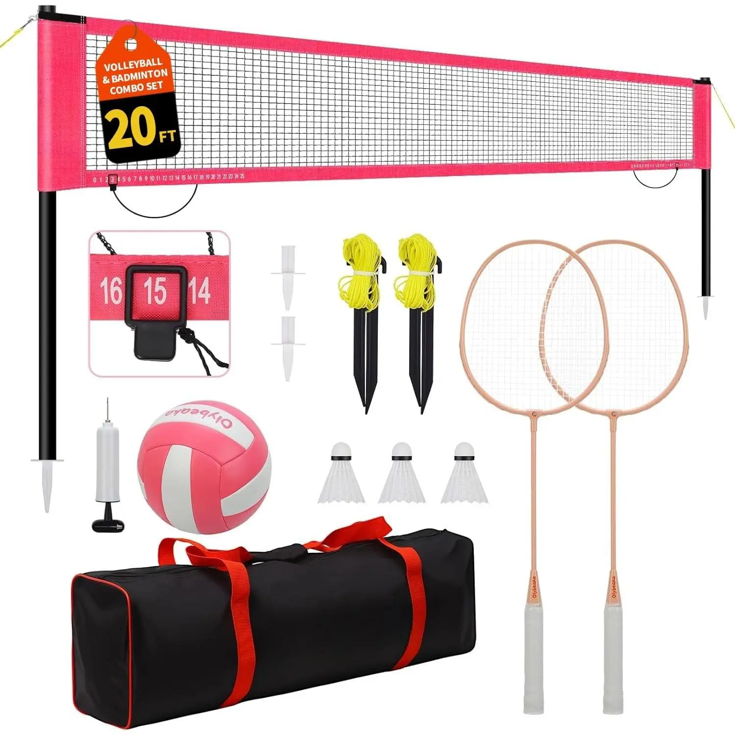 20ft Portable Outdoor Volleyball Badminton Combo Net Set | Height Adjustable for Volleyball & Badminton  with Durable Anti-Sag Net, PU Volleyball, 2  Rackets