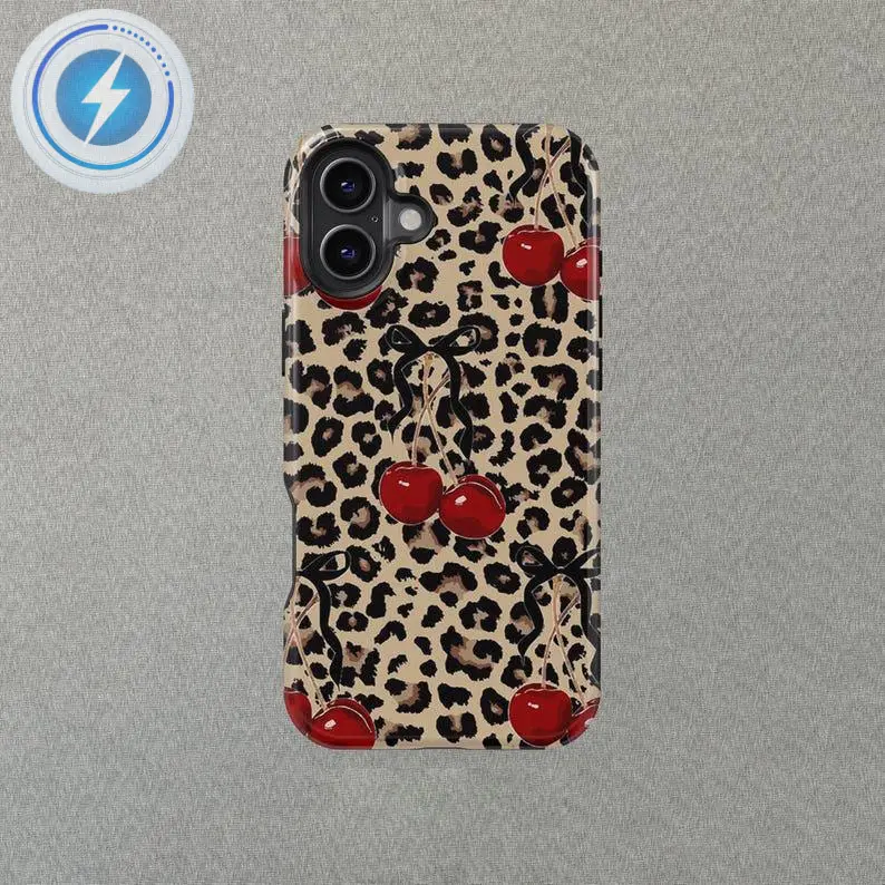 MagSafe Phone Case Cherry Leopard Phone Case – Cute Pink Cherry & Leopard Print Design Cover for iPhone 17, 16, 15, 14, 13, 12, 11, Plus/Pro Max/Pro, Gift for Her or Any Lover for iPhone 17 Pro Max