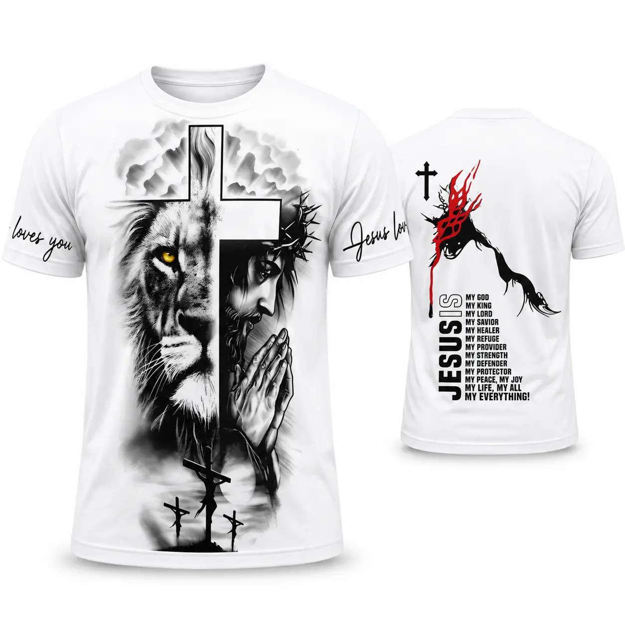 Men'S 3D Digital Print Graphic T-Shirt - Casual Crew Neck Short Sleeve Tee with Lion & Praying Hands Design, "I Love Jesus" Cross Detail, Lightweight Summer Pullover for Casual Attire