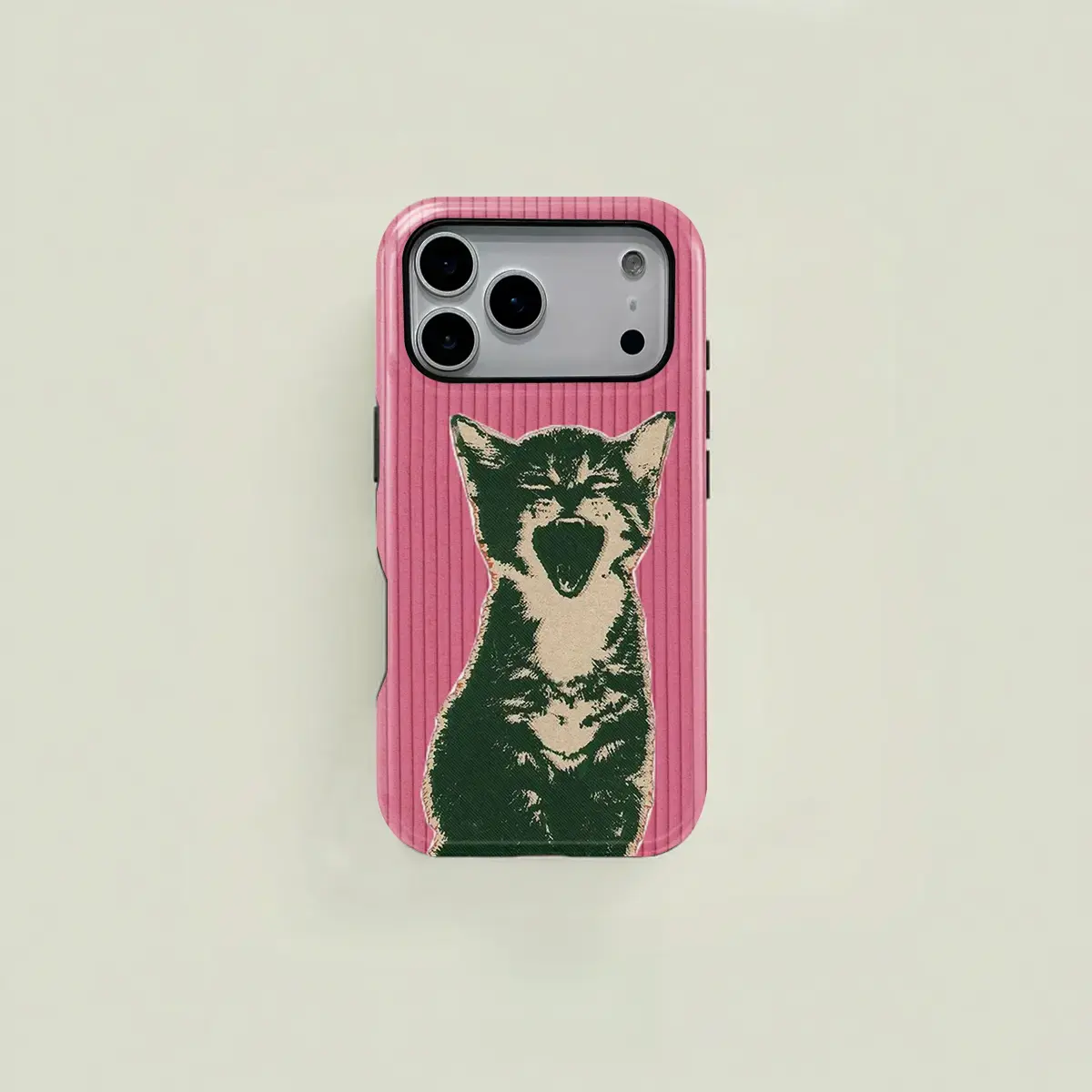 Pink striped cartoon cat yawning line drawing phone case, sturdy and durable 2-in-1 protective case, MagSafe compatible, suitable for iPhone 17/16/15/14/13/12/11 Pro Max/Plus/Pro, simple and stylish phone case, perfect for holiday gifts.