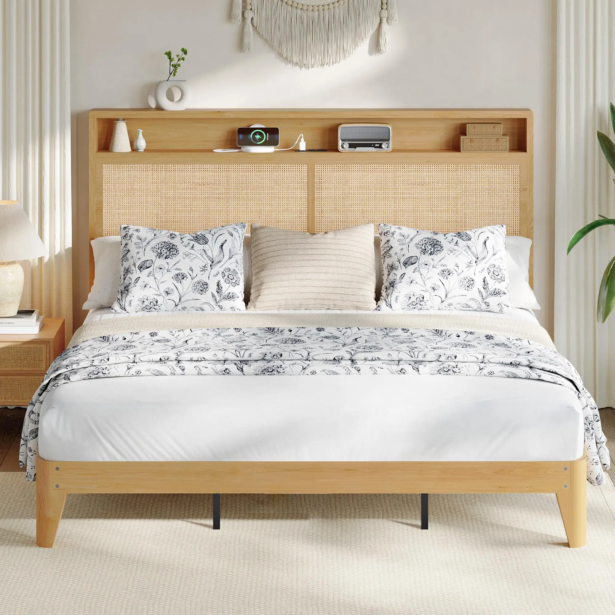 Garvee Rattan King Bed Frame with Natural Rattan Headboard ,Bohemian King Bed Frame with LED Lights & Charging Station,2 Tier Storage Headboard,Under Bed Storage,No Box Spring Needed