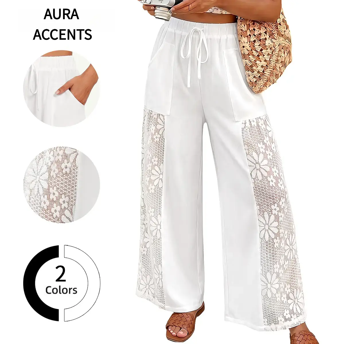 Women's Boho High-Waisted Wide Leg Pants, Flowy Summer Beach Trousers with Lace Splicing, Pockets, and Stretchy Drawstring, Polyester, Boho Pants, Holiday, Basic, Cute, All Seasons, Lightweight, Lacy, Elegant
