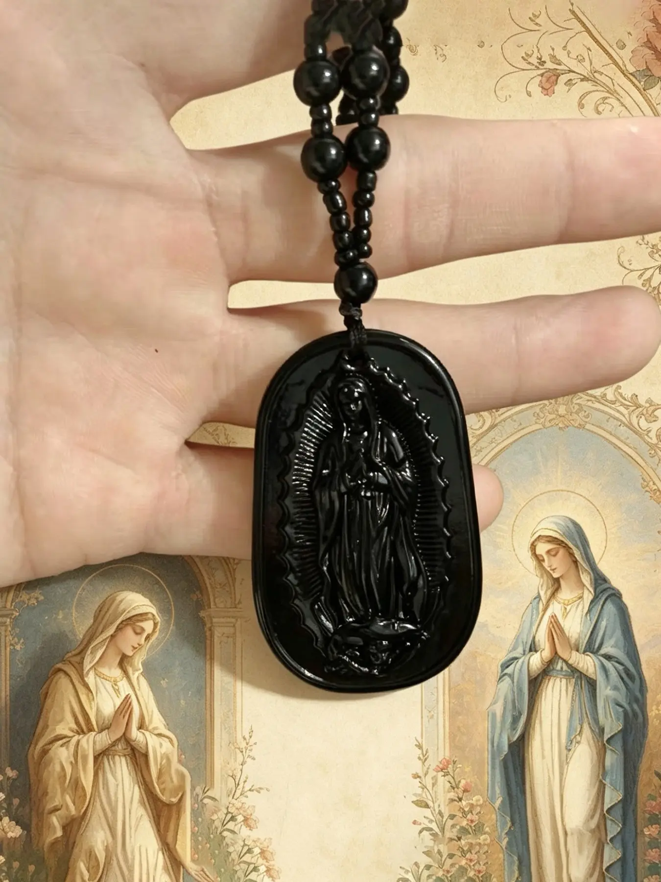 Black Pendant Necklace of Our Lady of Guadalupe | Protective Necklace of Virgin Mary | Faith Amulet Jewelry | Lucky Talisman Necklace for Blessing and Good Fortune