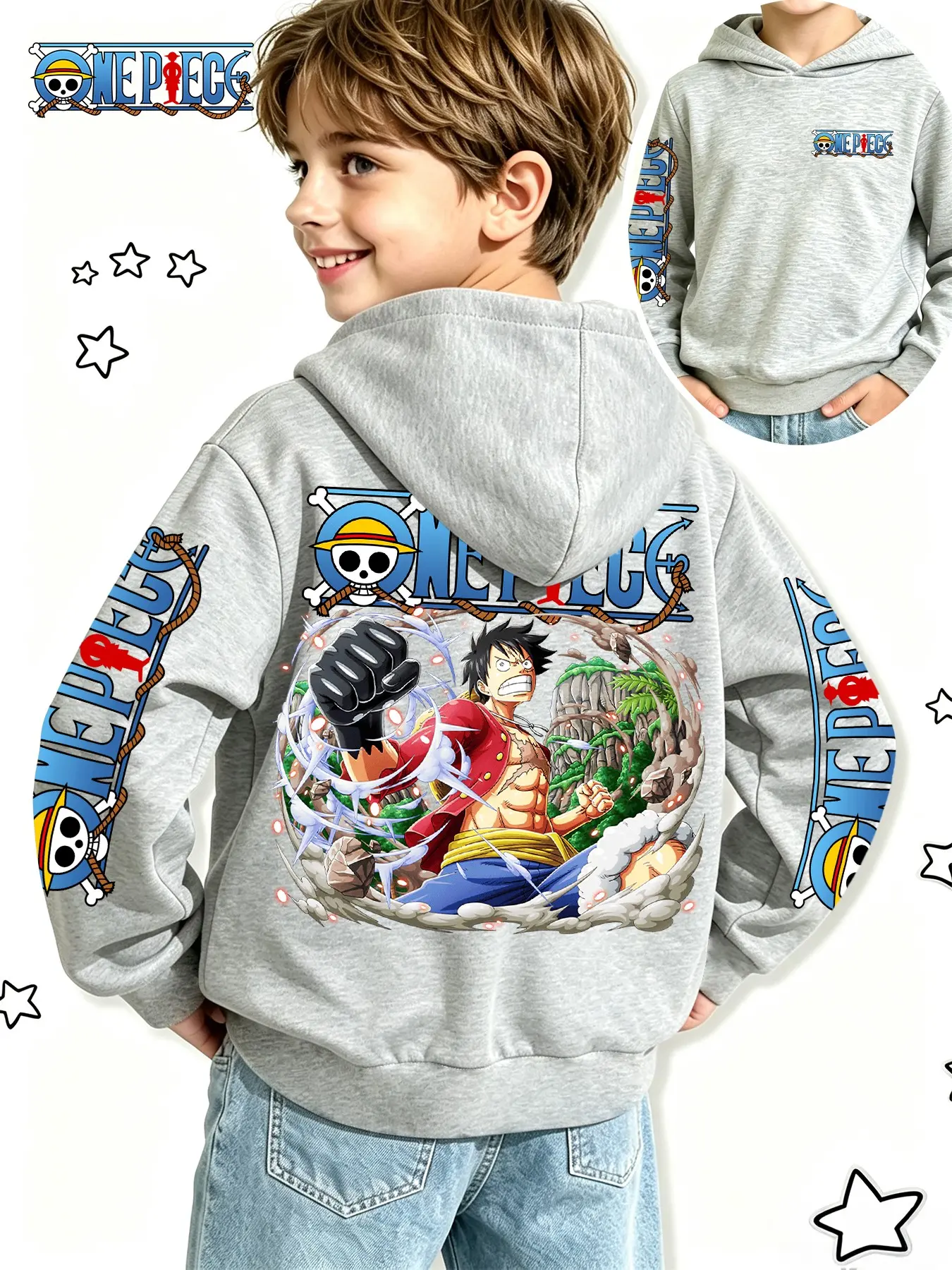 One Piece Official Boys' Anime Sweatshirt, Luffy Creative Adventure Print, Spring & Fall Casual Hoodie, Perfect for Gifts & Daily Wear