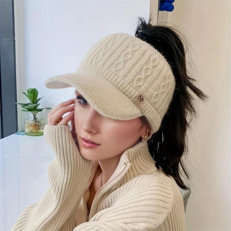 2025 Autumn and Winter Women's Warm Knitted Ponytail Sunshade Hat - Thick Warm Earcup Baseball Hat with Adjustable Shoulder Straps Quality Caps