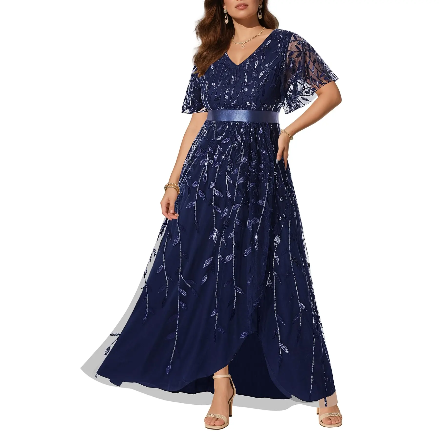PINUP FASHION Women's Plus Size Pinup Formal Dress - Lady's Elegant Empire Waist Sequin Embroidery V-Neck Evening Gown with Slit, Formal Wear Fabric
