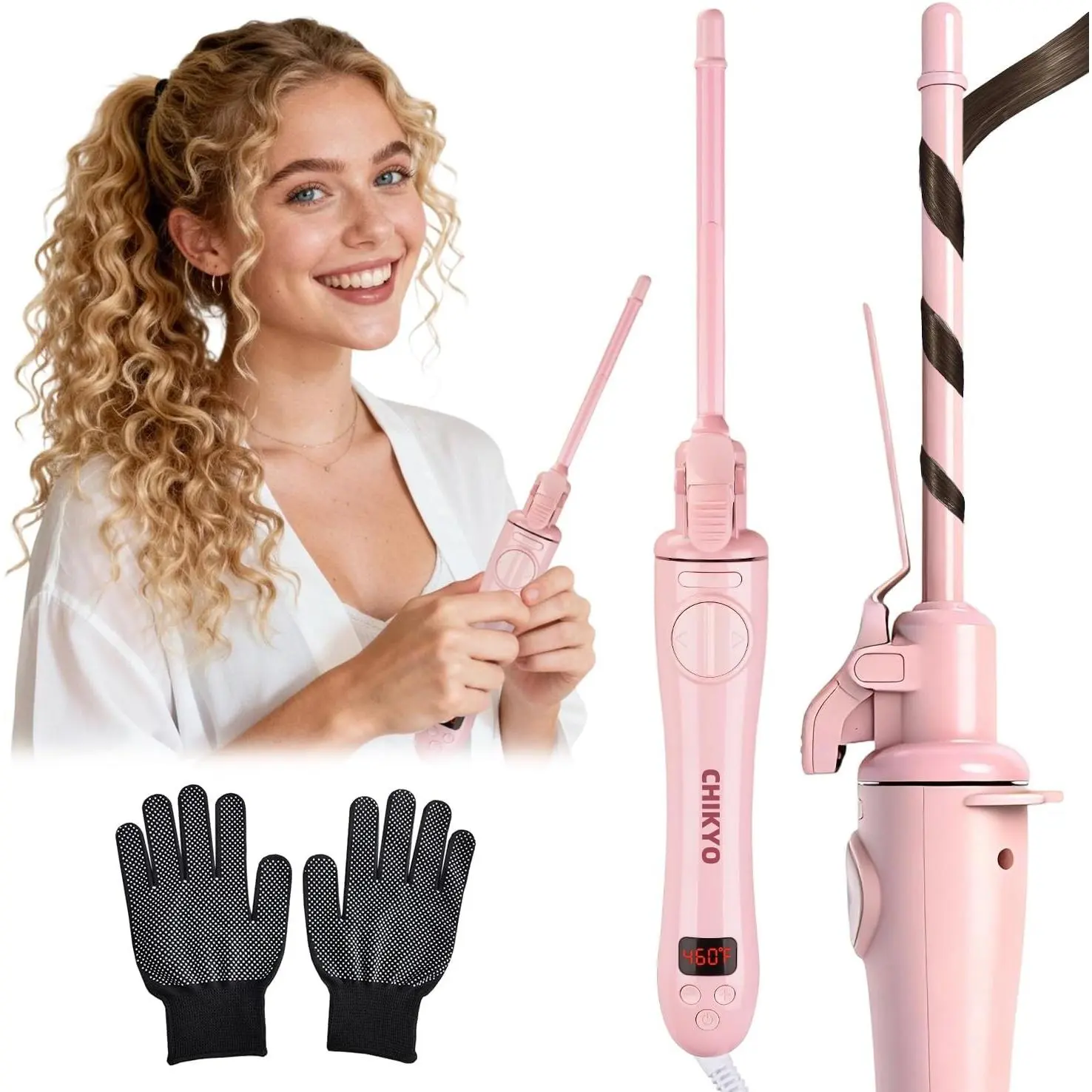 Automatic 9mm Rotating Curling Iron, 3/8 Inch Ceramic Barrel Curling Wand, Tiny Small Automatic Hair Curler with Anti-Scald Press & Anti-Scald Stand, Curling Iron for Short Hair(Pink)Gift.