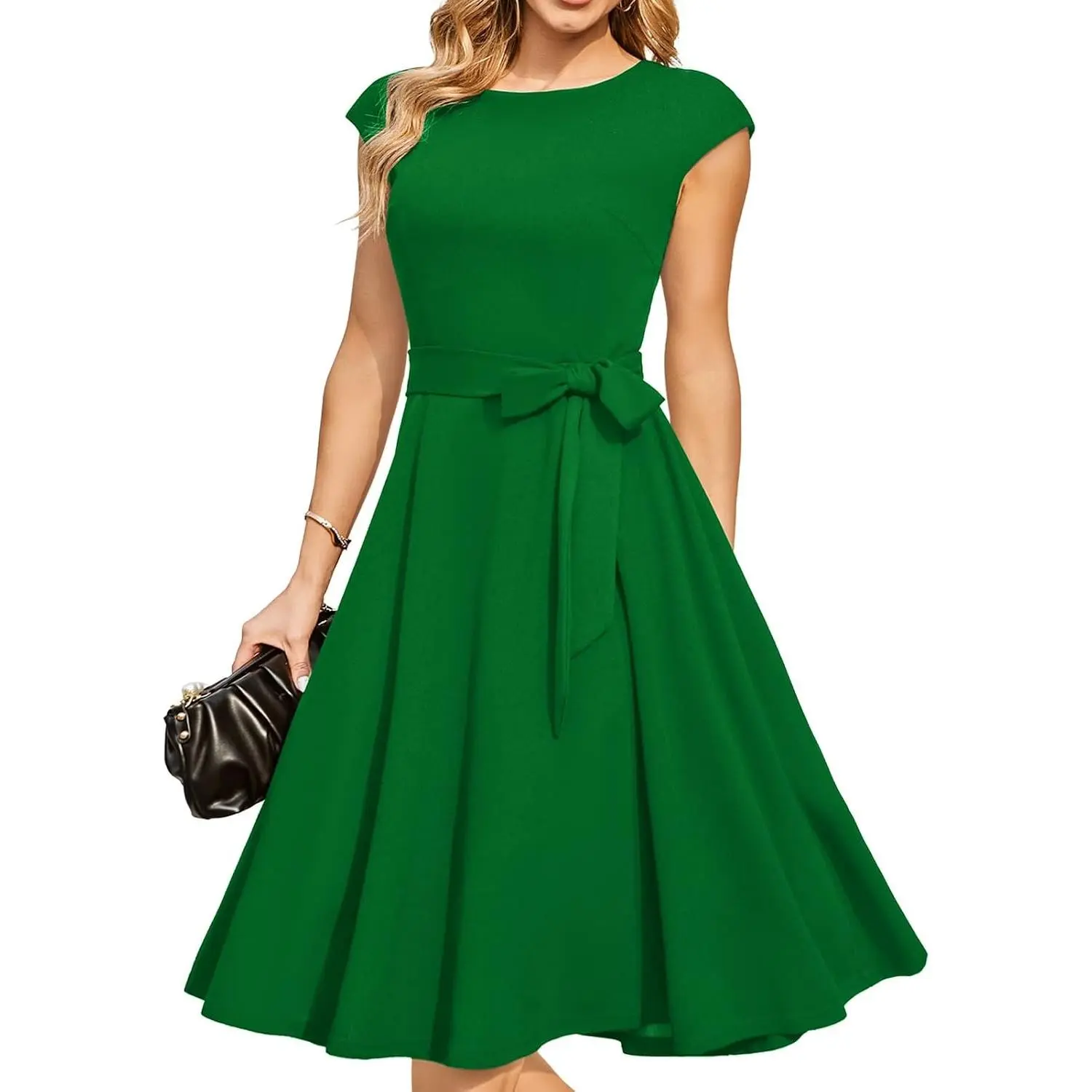 Women's Cocktail Dresses for Wedding Guest, Formal Vintage Party Hepburn Dress, Midi Homecoming Prom Dress, Plus Size Modest Funeral Dress Green 2XL