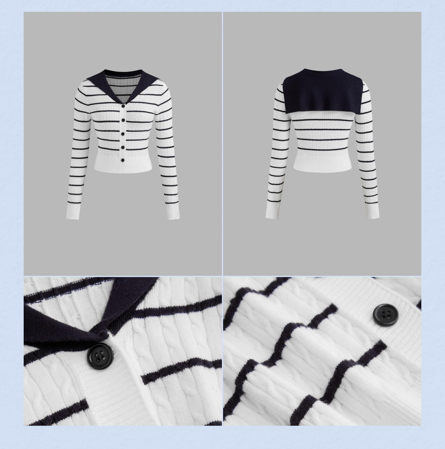 Cider [size 2-10] Knit Sailor Collar Striped Button Crop Long Sleeve Top