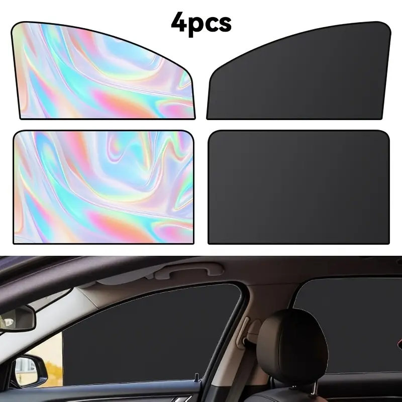 Magnetic Car Side Window Sunshade 4Pcs Holographic Laser Color Titanium Silver Reflective Blackout Curtain for SUV Sedan Block Heat Glare UV for Road Trip Rest Parking Use Car Window Sunshades