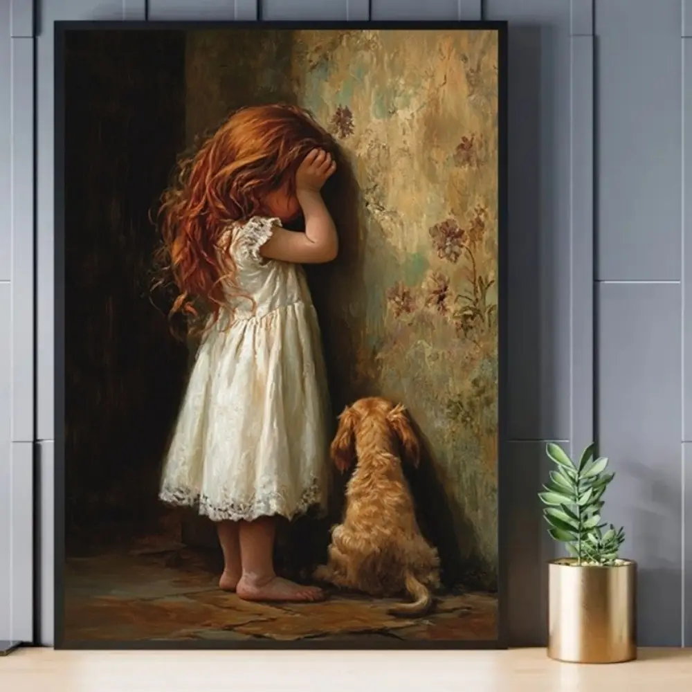 Canvas Art Print – Red-haired Girl with Dog, Calming Wall Decor for Living Room, Bedroom, Office, Café, Bar, and Patio – Perfect Holiday or Birthday Gift