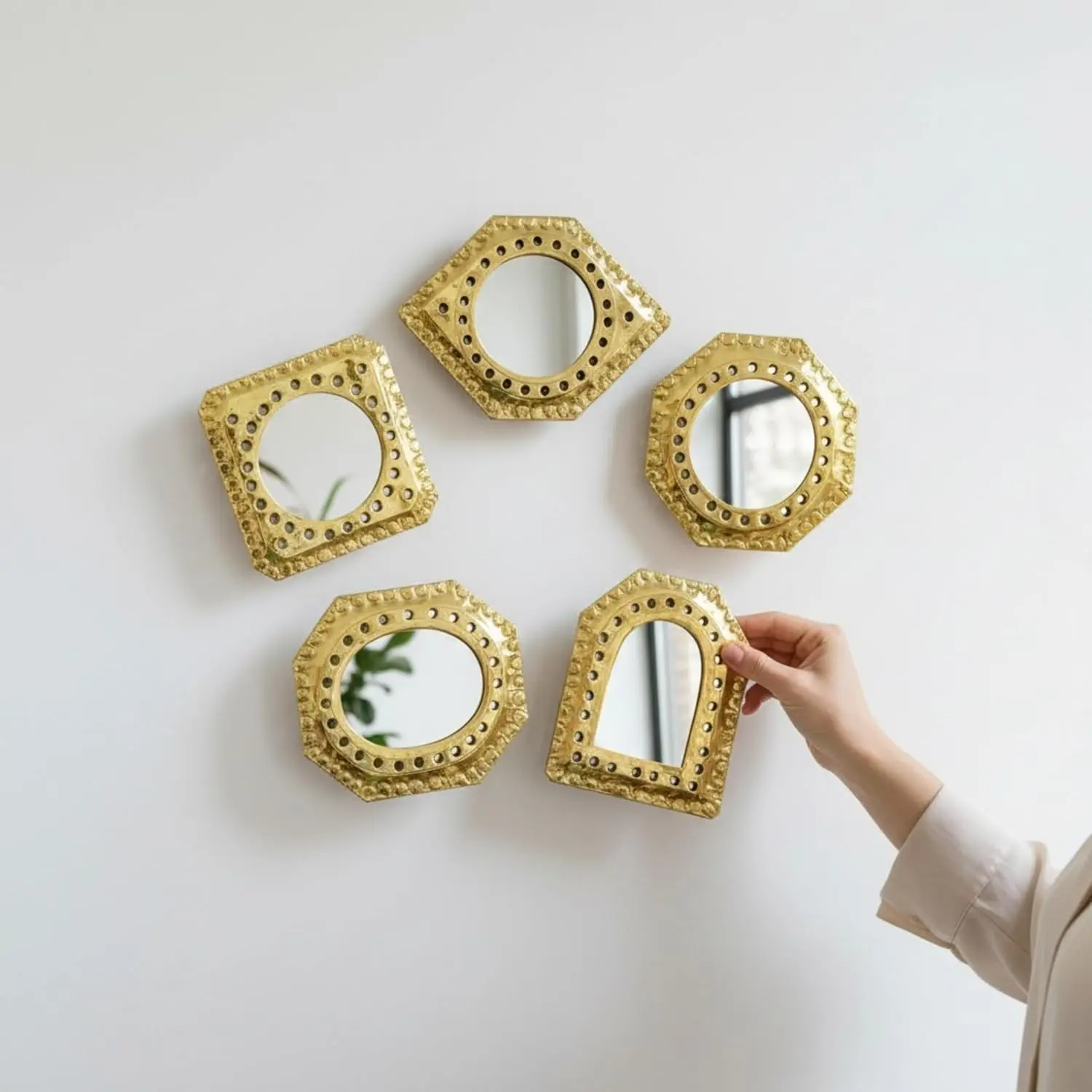 Set of 5 Small Decorative Wall Mirrors – Gold Brass Handmade Mirror Set| Octagon, Arched, Horizontal Oval, Square and Diamond Shapes| Living Room, Bedroom, Home wall Hanging Mirrors Decor