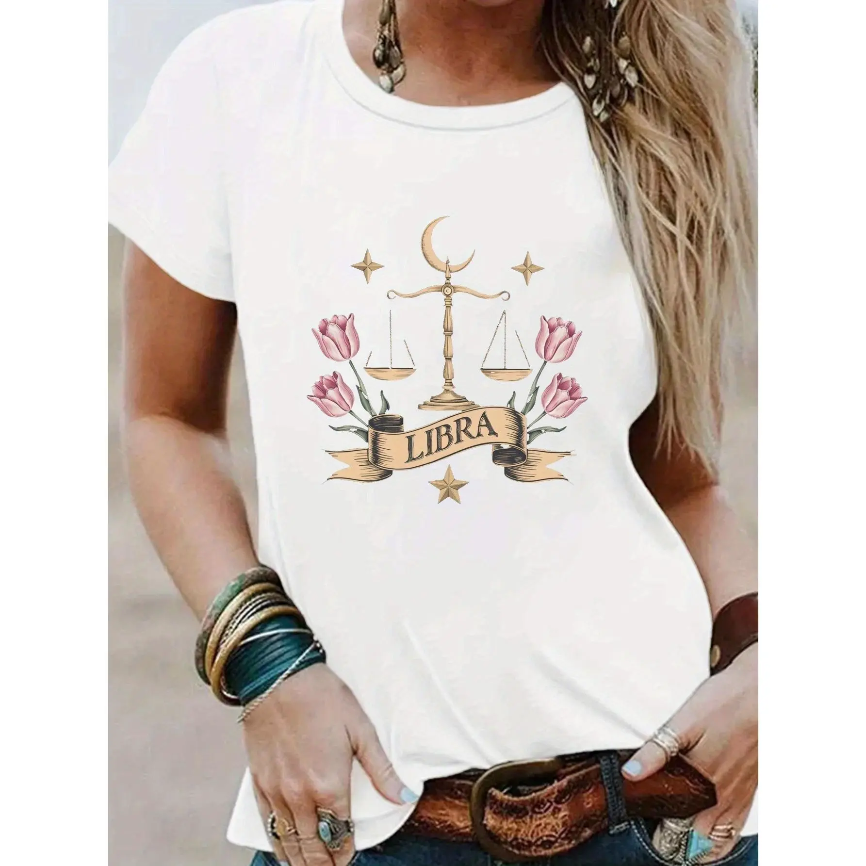 Golden Balanced Scale with Crescent Moon Print T-shirt, Short Sleeve Crew Neck Casual Top for Summer & Spring, Women's Clothing