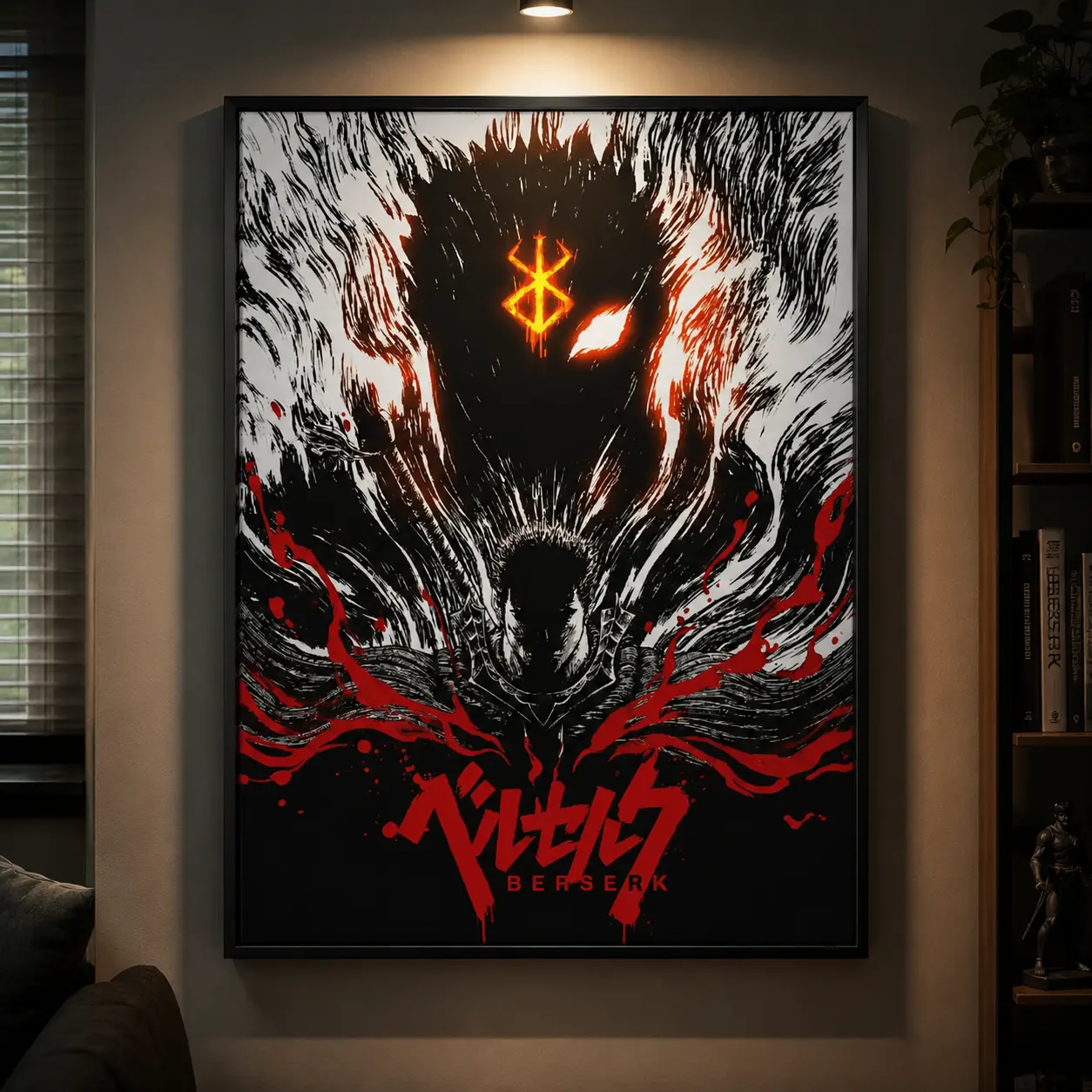 Berserk Anime Manga Art Poster, Dark Fantasy Black White Design with Red Accents, Epic Wall Decor, Japanese Manga Style Artwork for Gamer Room Bedroom Home Office, Aesthetic Canvas Poster Gift for Anime Fans