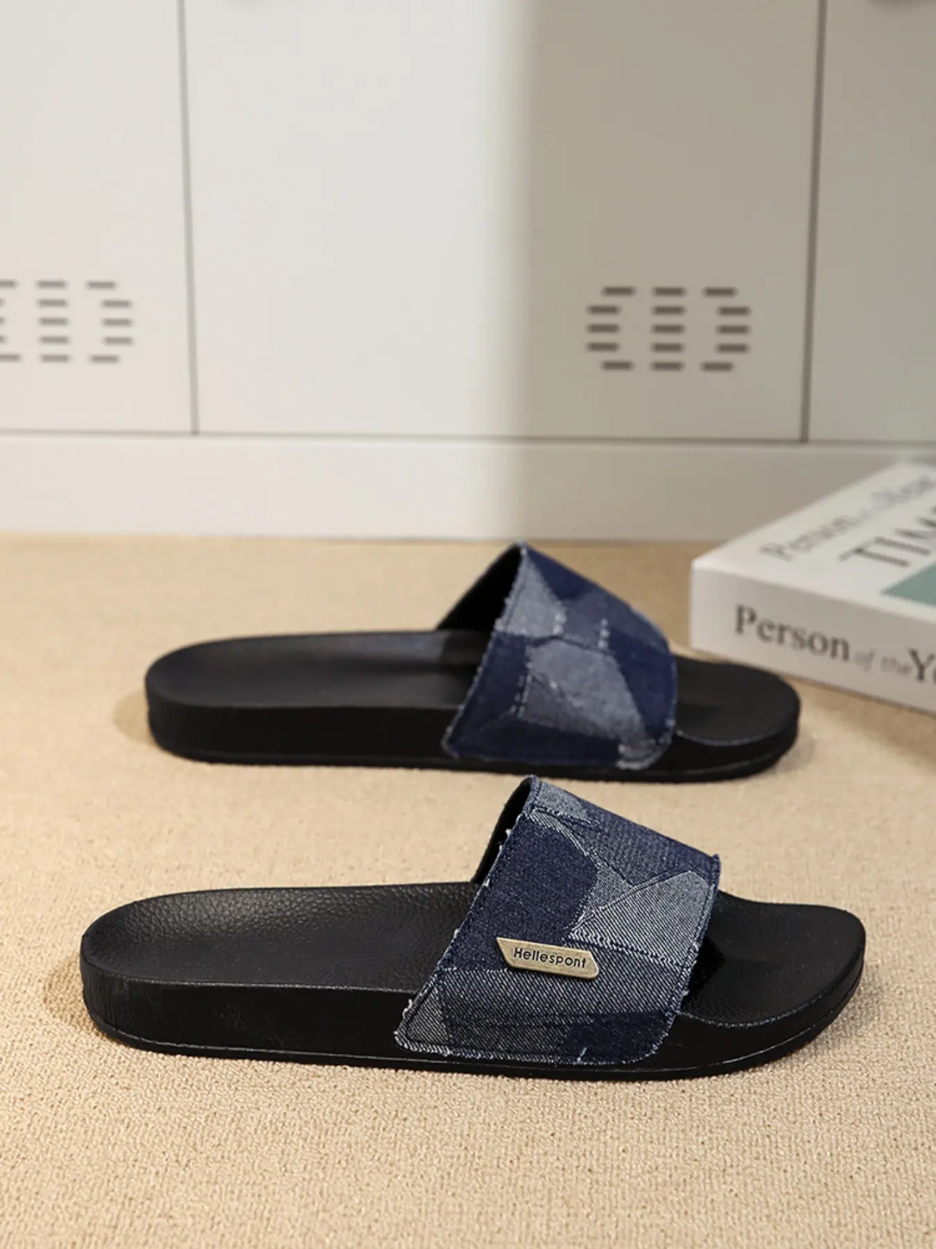 Men's Trendy Home Slippers, Thick Sole, Breathable Denim Fabric, Soft Eva Bottom, Anti-Slip, Indoor Outdoor Use, Casual Patchwork Design